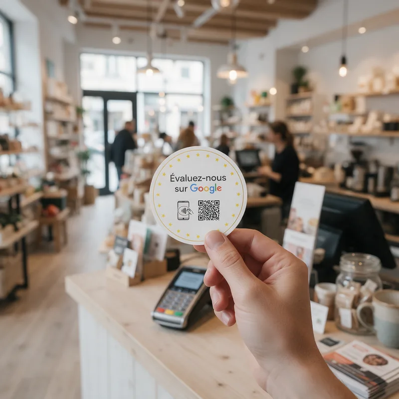 Autocolante redondo com NFC e QR code junto a um terminal de pagamento