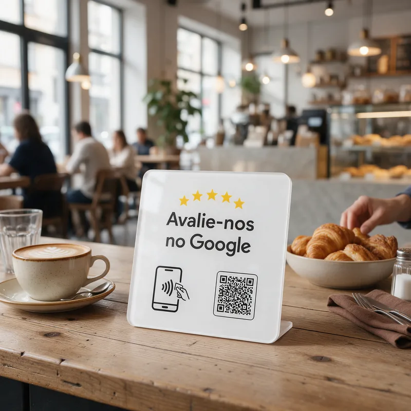 Placa de balcão com NFC e QR code numa mesa de café